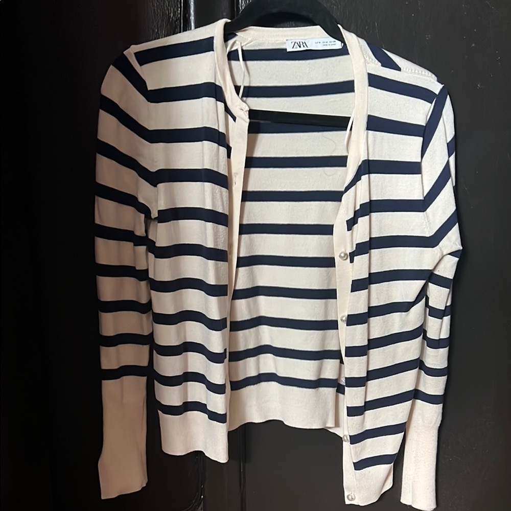Zara Blue and White Striped Cardigan Sweater